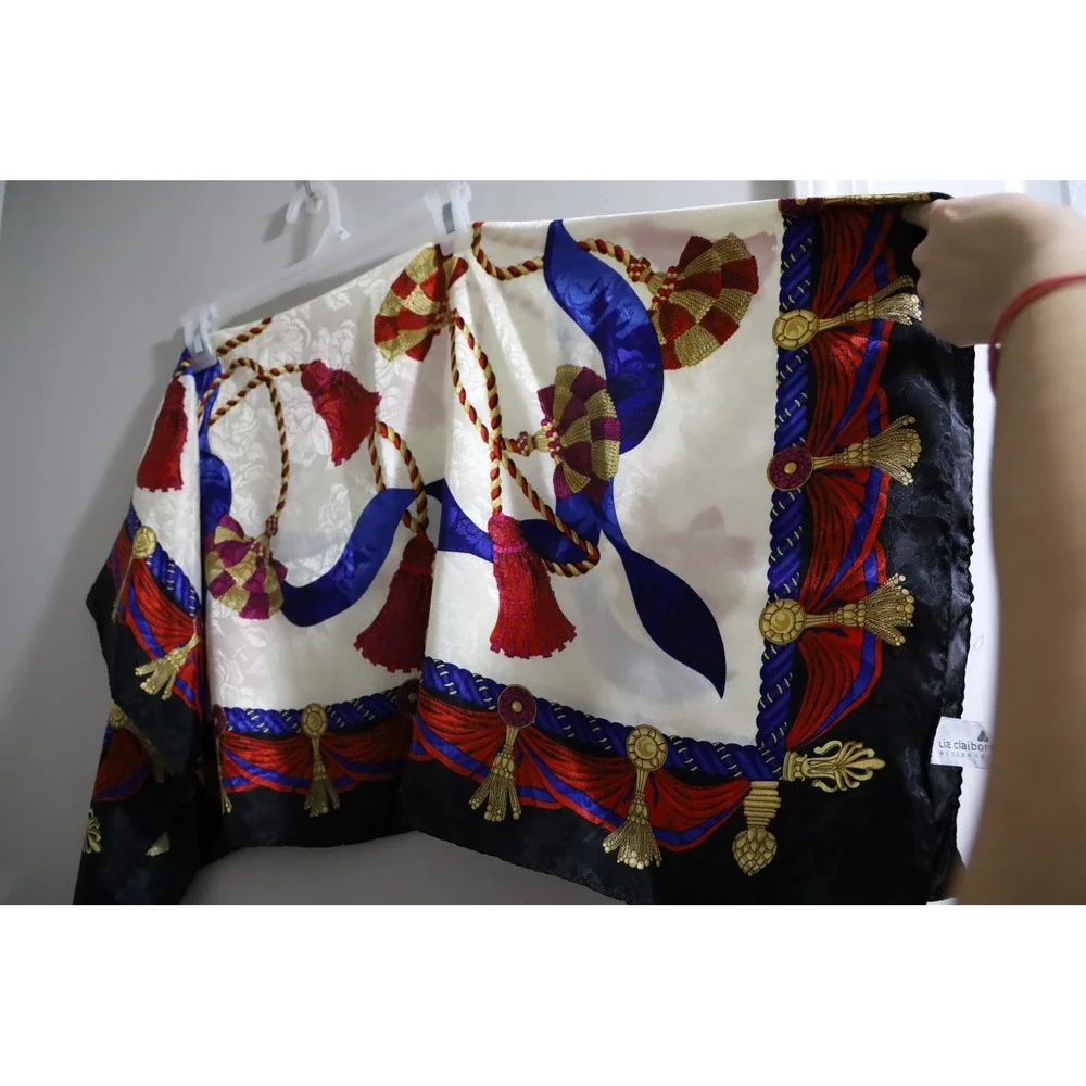 Liz Claiborne‎ Accessories Square Scarf Tassel Rope Print Cream Black Red Blue